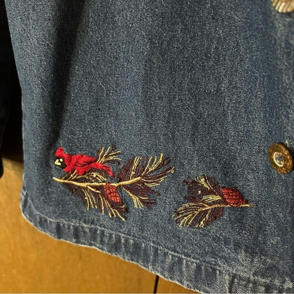 Vintage Holiday Lodge Embroidered Beaded Cardinals Button Jean Jacket Sz XL - Picture 5 of 11